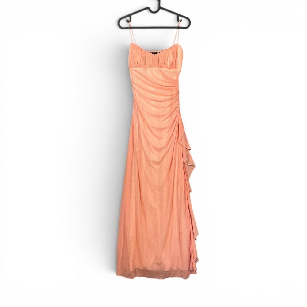 Jodi Kristopher Y2K Peach Glitter Mesh Ruched Ruffle Maxi Prom Gown S